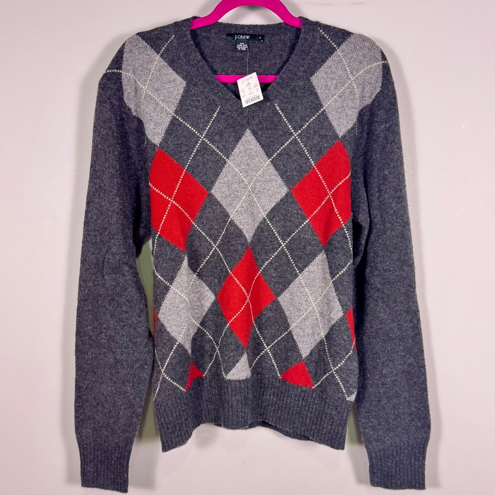 J.Crew Argyle V-Neck Sweater Mens Medium Gray Red NEW 100% Lambswool  Vintage